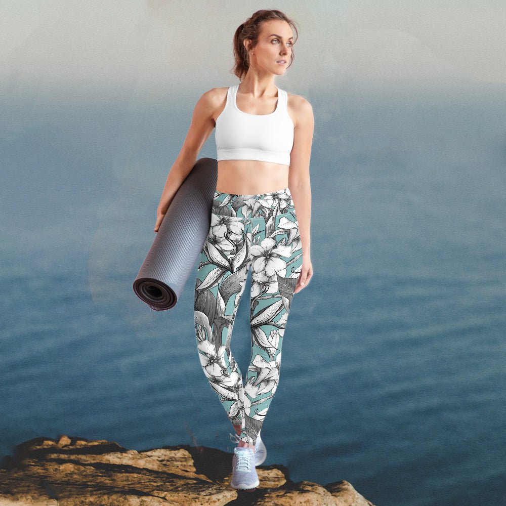 Exotic flowers yoga pants in soft green