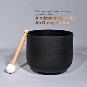 Black frosted quartz crystal singing bowl with rubber mallet and o-ring