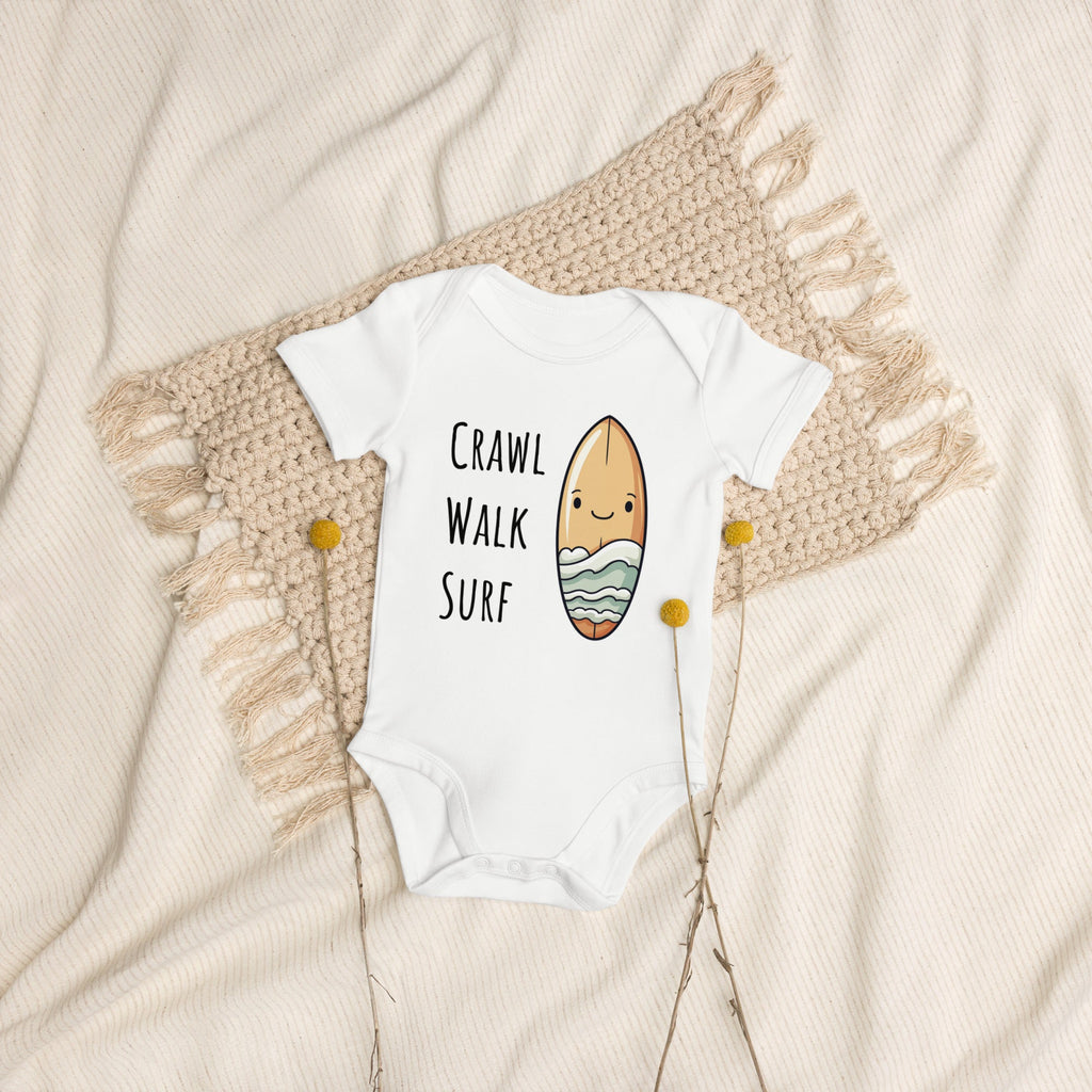 Crawl walk surf onesie, baby boy surfing bodysuit in organic cotton By Surfersandyogis