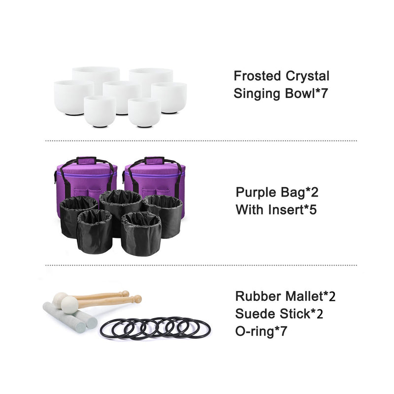 Singing bowl set of 7 - 6-12" Frosted Crystal Singing Bowl Chakra Set with Carry Bags | Surfersandyogis