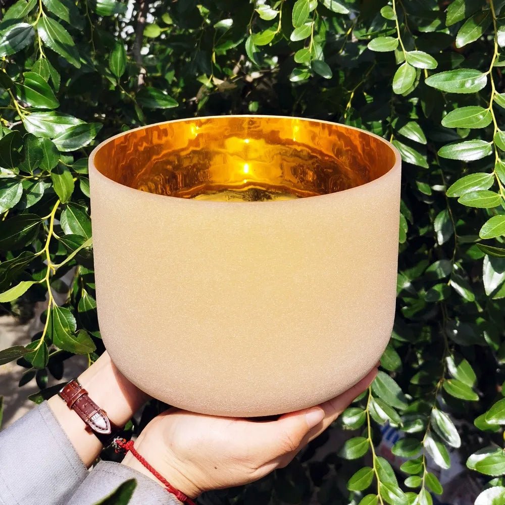 Golden Harmony: 6 Inch Frosted Quartz Crystal Singing Bowl 432Hz with Free Rubber Mallet and O-ring for Yoga and Meditation | Surfersandyogis