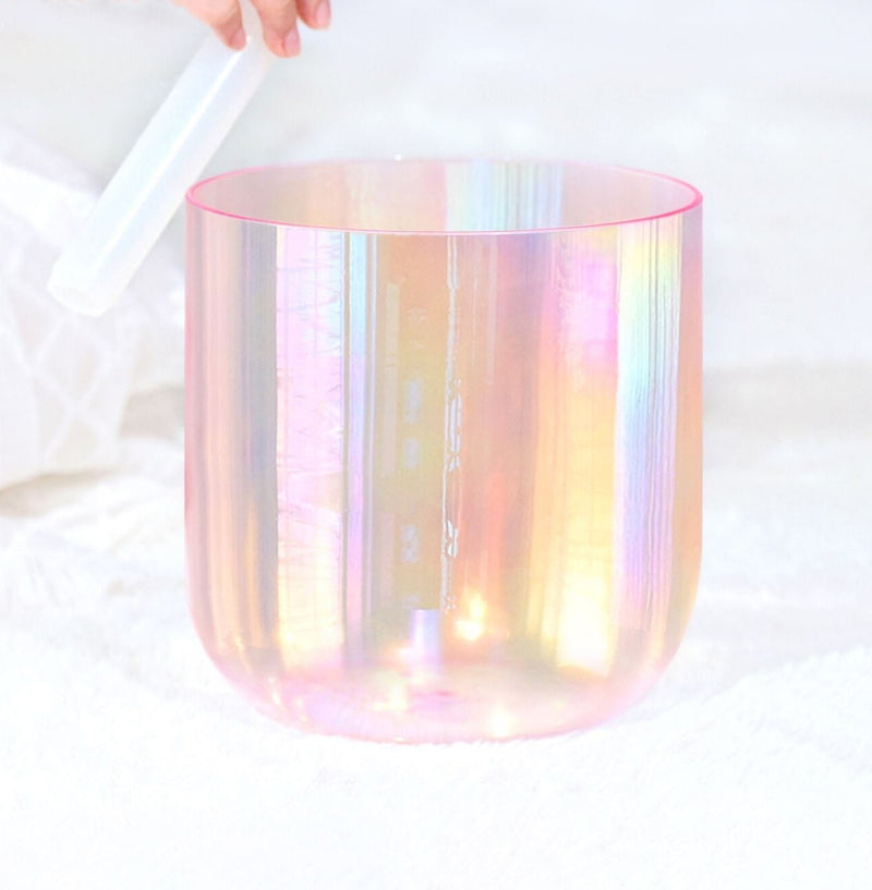 Pink 6 Inch Clear Quartz Crystal Singing Bowl with Cosmic Light for Sound Healing with Free Mallet and O-ring | Surfersandyogis