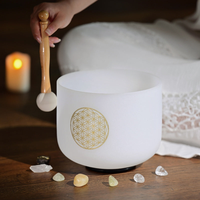 Harmonize Your Mind and Body with our 8-Inch Frosted Quartz Crystal Singing Bowl - 528Hz C Note Life Flower Design - Perfect for Stress Relief - Includes Free Mallet! | Surfersandyogis