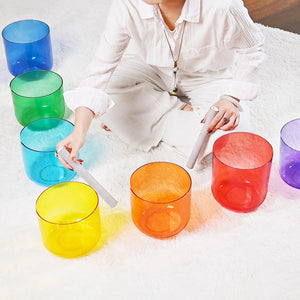 Beautiful rainbow brightly colored 7 piece set of crystal singing bowls