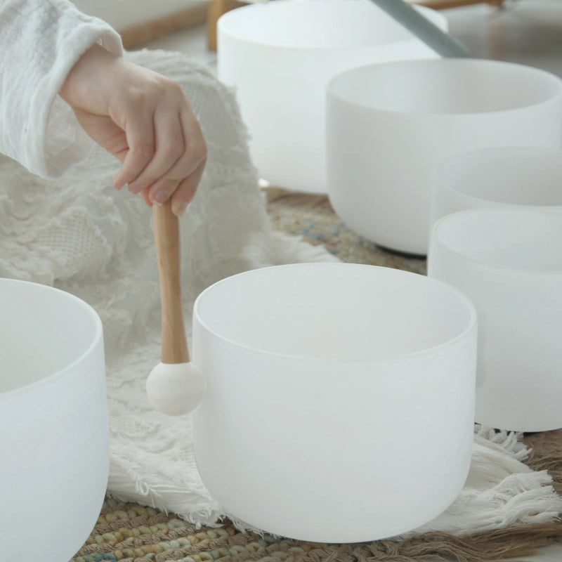 Set of 3 White Frosted Quartz Crystal Singing Bowls - Harmonize Your Space - Chakra-Tuned 8"B, 10"E, 12"C.