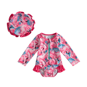 Flamingo baby rash guard set with hat