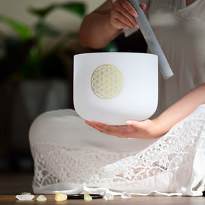 Harmonize Your Mind and Body with our 8-Inch Frosted Quartz Crystal Singing Bowl - 528Hz C Note Life Flower Design - Perfect for Stress Relief - Includes Free Mallet! | Surfersandyogis