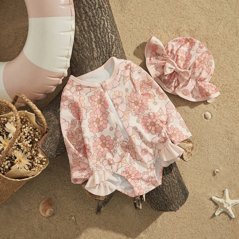 Pink floral baby rash guard for little beach girl