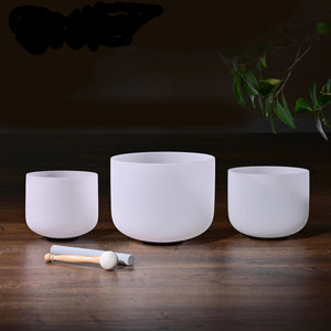 Set of 3 White Frosted Quartz Crystal Singing Bowls - Harmonize Your Space - Chakra-Tuned 8"B, 10"E, 12"C.