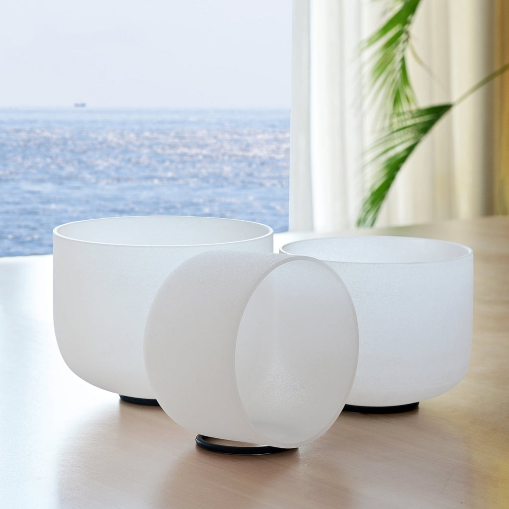 Set of three frosted white singing bowls in high quality quartz