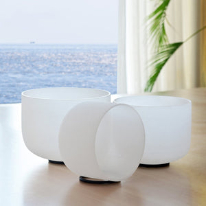 Set of three frosted white singing bowls in high quality quartz