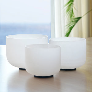 Set of 3 White Frosted Quartz Crystal Singing Bowls - Harmonize Your Space - Chakra-Tuned 8"B, 10"E, 12"C.