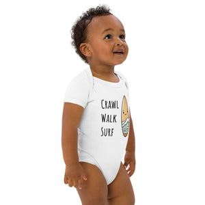 Crawl walk surf baby onesie, baby boy surfing bodysuit in organic cotton | Surfersandyogis