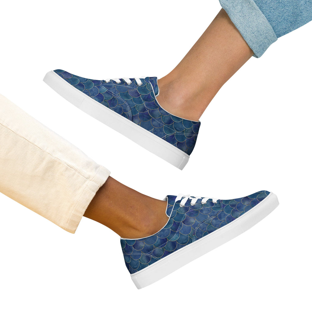 "Mermaid Magic: Women's Lace-Up Canvas Shoes with Blue Scales Design | Surfersandyogis