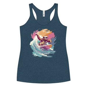 Sloth on surf board retro surf print on indigo tee shirt