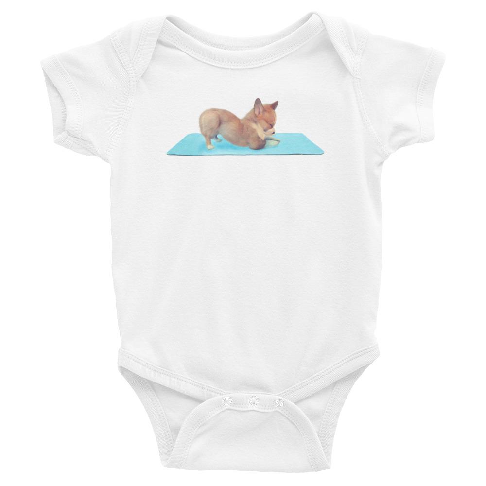 Corgi yoga baby romper / bodysuit / similar to onesie.
