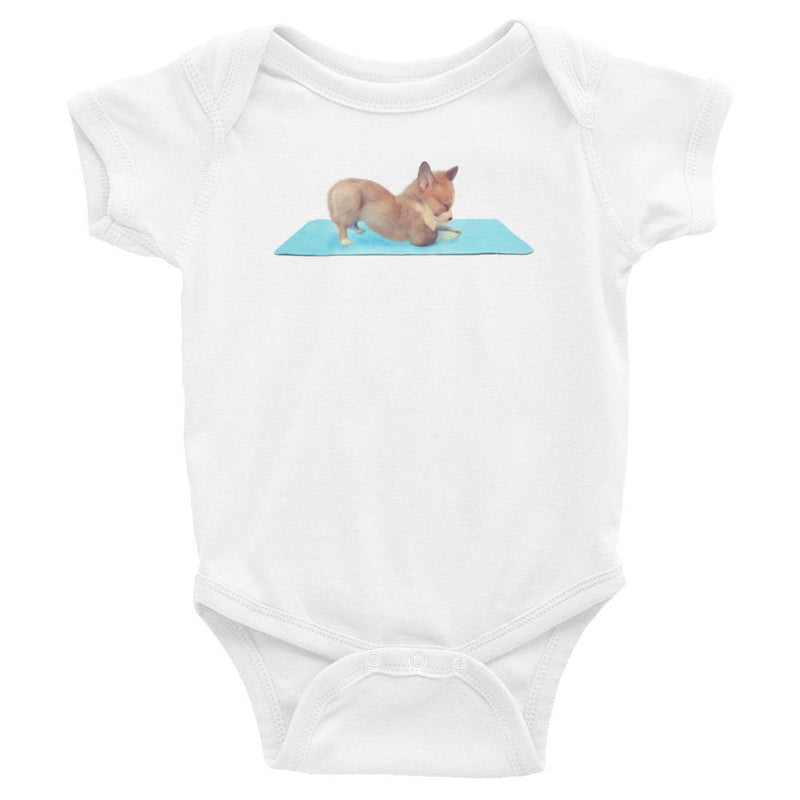 Corgi yoga baby romper / bodysuit / similar to onesie.