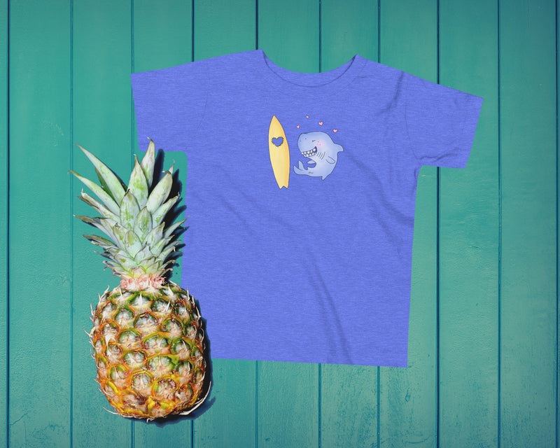 Shark bites t-shirt for kids. Surfer kid, grom clothing with shark and surf board. Perfect gift for the toddler who loves the ocean <3