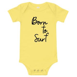 Born to surf baby clothes in yellow. Born to surf baby short sleeve one piece