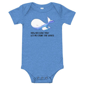 Surf whale baby clothes in blue - How do I love you? Let me count the waves - Surf-inspired whale baby romper / bodysuit.