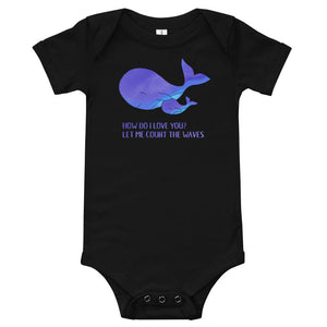 Surf whale baby clothes in black - How do I love you? Let me count the waves - Surf-inspired whale baby romper / bodysuit.