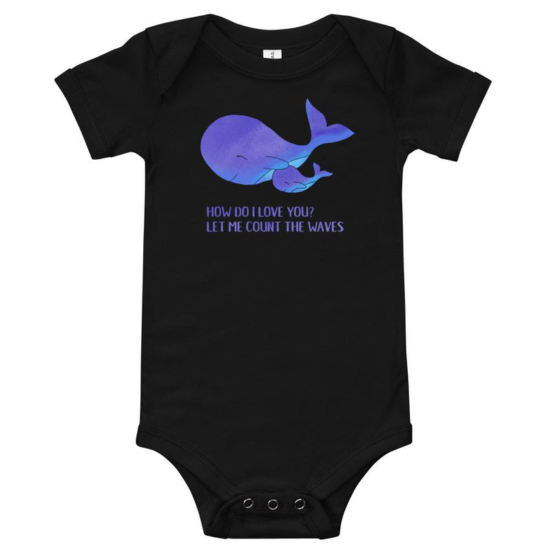 Surf whale baby clothes in black - How do I love you? Let me count the waves - Surf-inspired whale baby romper / bodysuit.