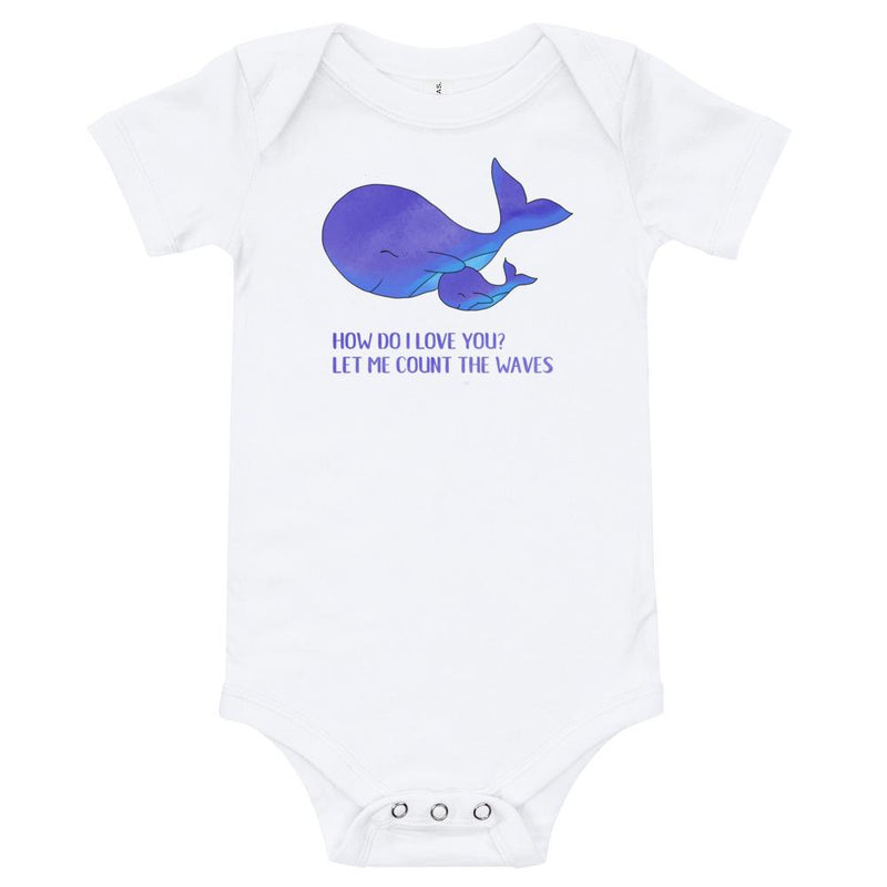 Surf whale baby clothes in white - How do I love you? Let me count the waves - Surf-inspired whale baby romper / bodysuit.