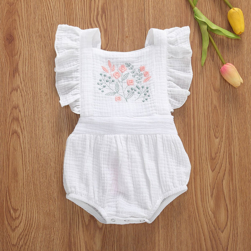 0-24M Newborn Infant Baby Girls Flowers Print Ruffles Short Sleeve Cotton Backless Lovely Jumpsuits Headband | Surfersandyogis