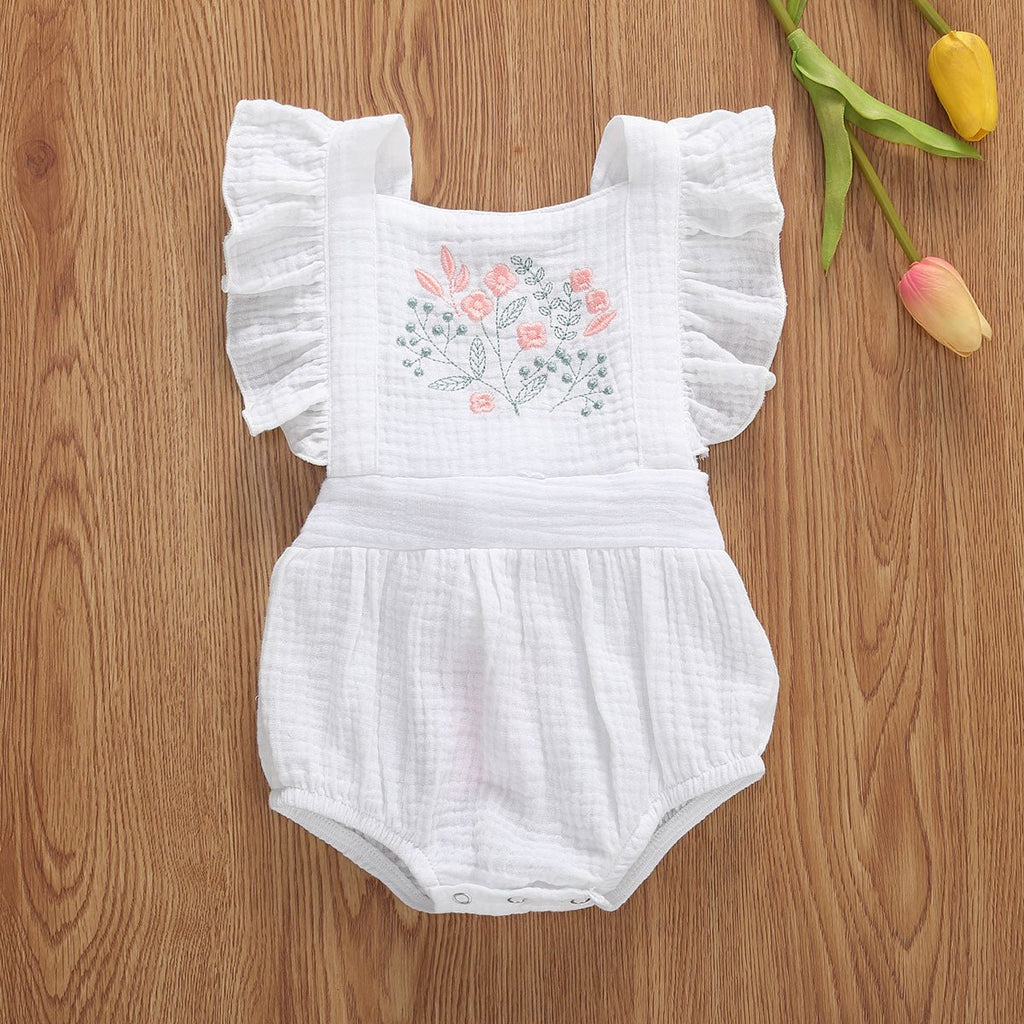 0-24M Newborn Infant Baby Girls Flowers Print Ruffles Short Sleeve Cotton Backless Lovely Jumpsuits Headband | Surfersandyogis