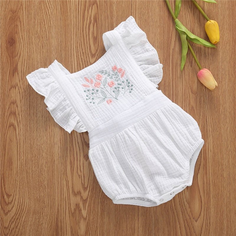 0-24M Newborn Infant Baby Girls Flowers Print Ruffles Short Sleeve Cotton Backless Lovely Jumpsuits Headband | Surfersandyogis