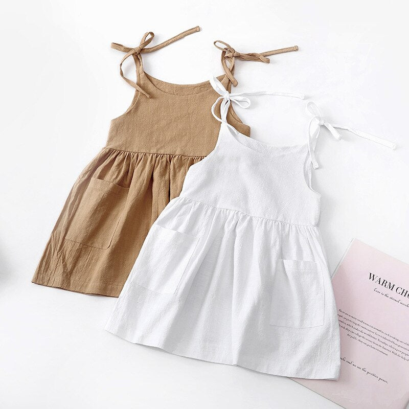 Sweet and Breezy: Linen Summer Dress for Girls in khaki and white | Surfersandyogis