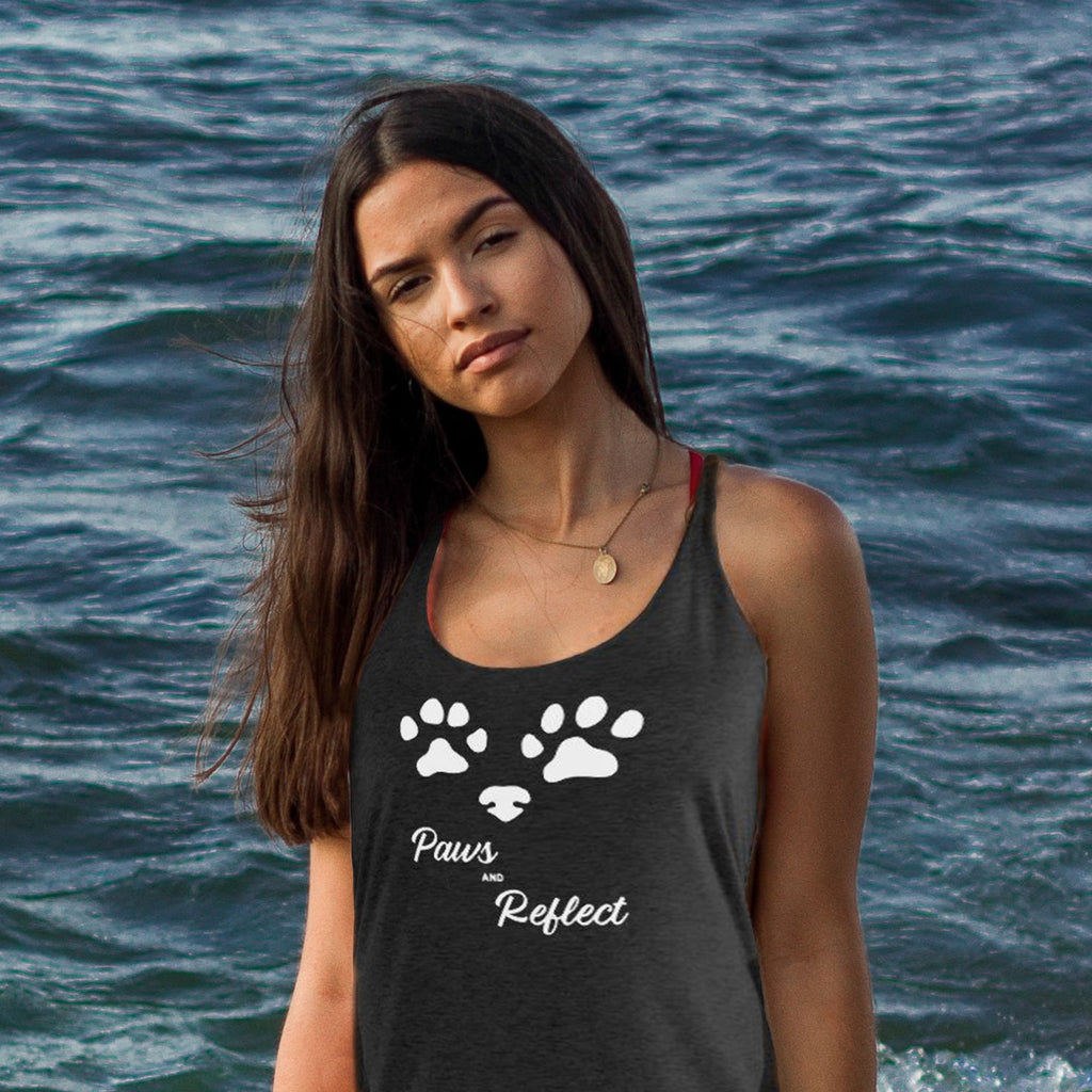 Paws and reflect women's racerback tank. Reminder to pause and reflect in a busy day. For dog lovers and busy people.