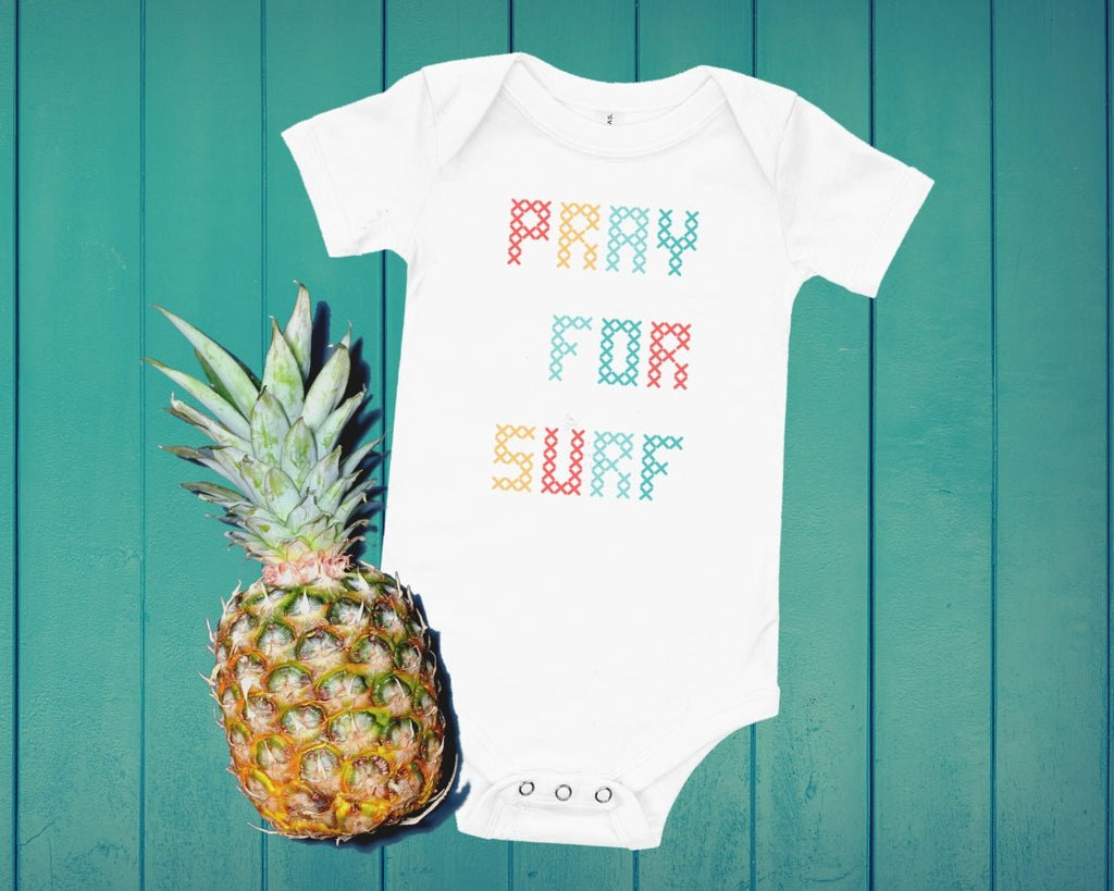 Pray for surf baby clothes - Pray for surf cross-stitch baby short sleeve baby bodysuit - perfect surf gift for the future surf baby