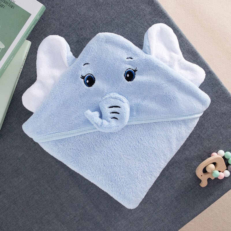 Cute blue elephant baby bath towel with hood