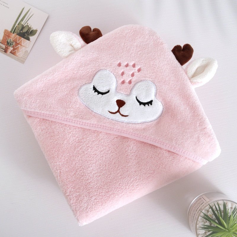 Pink deer baby bath towel for infant with hood and ears