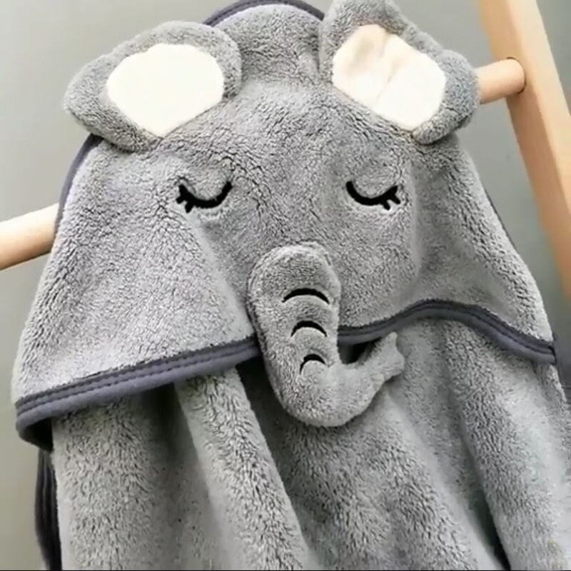 Close up of grey elephant baby bath towel in fleece fabric