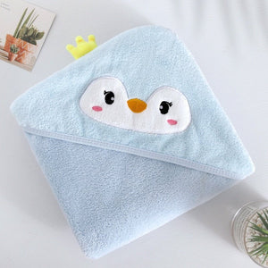 Adorable blue penguin baby bath towel with hood