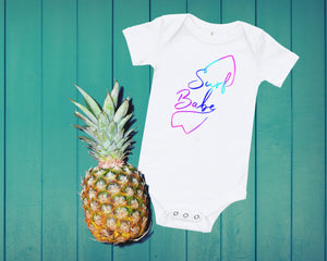 Surf babe baby romper for future surfers! Great gift for the surf parents! Grom gift.