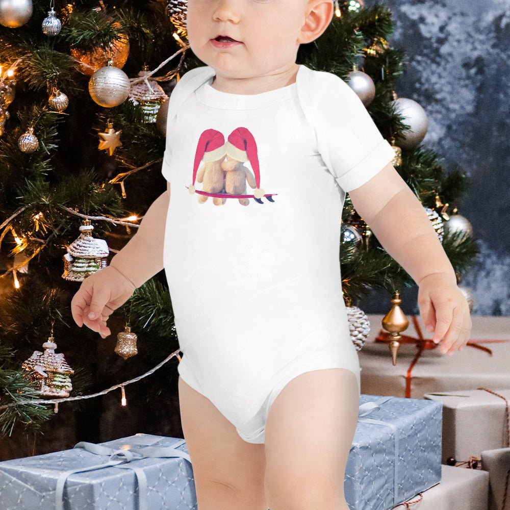 Christmas surf baby clothes - Surf christmas teddy bears on surfboard surfer baby bodysuit in front of christmas tree
