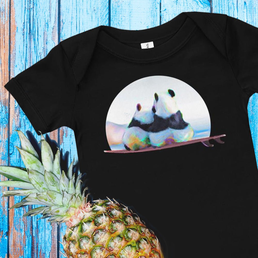 Surf panda baby clothes in black with pineapple - Panda surf love - baby romper / bodysuit <3
