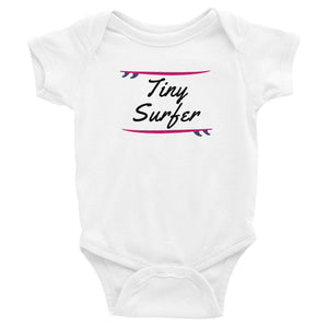 Tiny surfer baby romper with red surfboard