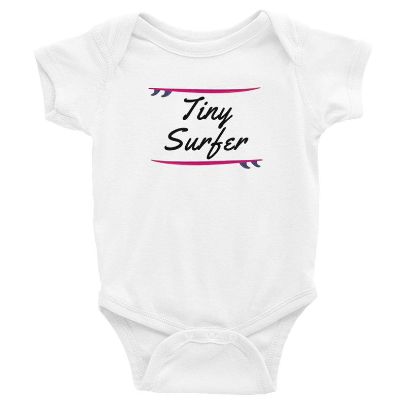 Tiny surfer baby romper with red surfboard
