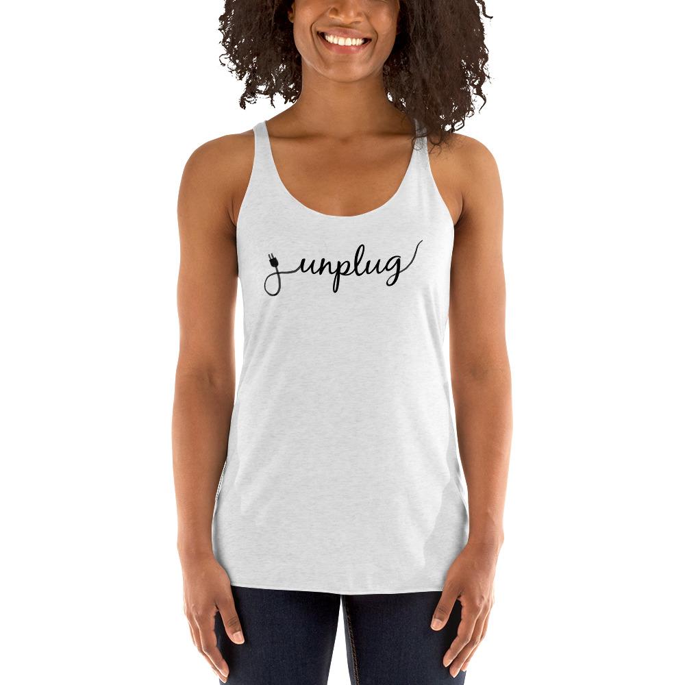 Unplug tank top for women in white - yoga top, gentle reminder