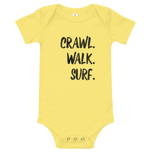 Crawl walk surf baby bodysuit in yellow - Crawl, walk surf baby bodysuit, perfect gift for the surfer baby