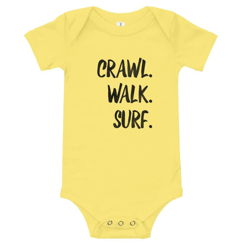 Crawl walk surf baby bodysuit in yellow - Crawl, walk surf baby bodysuit, perfect gift for the surfer baby