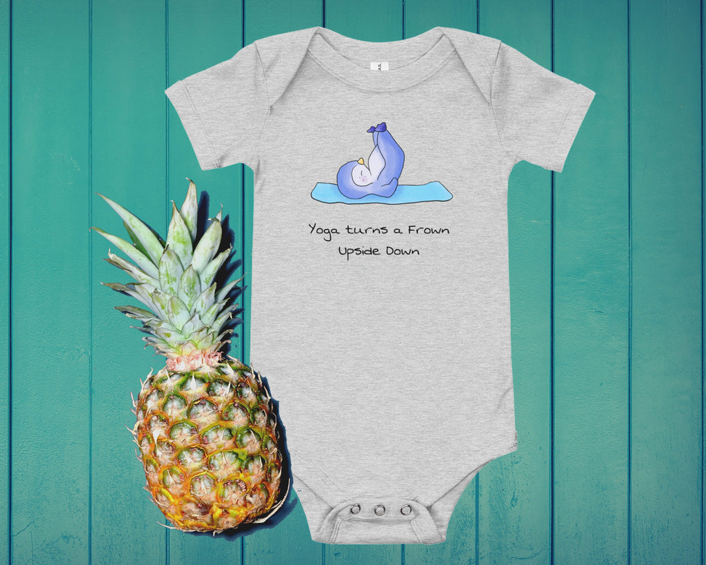 Yoga baby bodysuit - Yoga turns a frown upside down - Yoga baby romper / like onesie. Penguin yoga. Animals doing yoga.