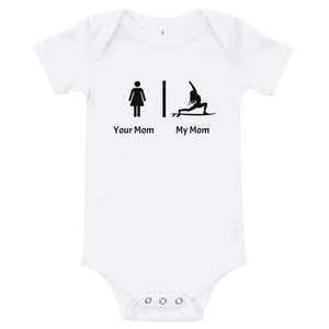 Funny baby yoga gift - Your mom, my mom baby cheeky bodysuit / romper / baby grow for the surf and yoga mom-