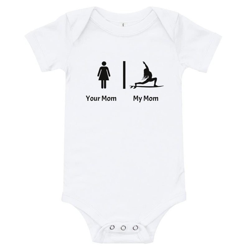 Funny baby yoga gift - Your mom, my mom baby cheeky bodysuit / romper / baby grow for the surf and yoga mom-