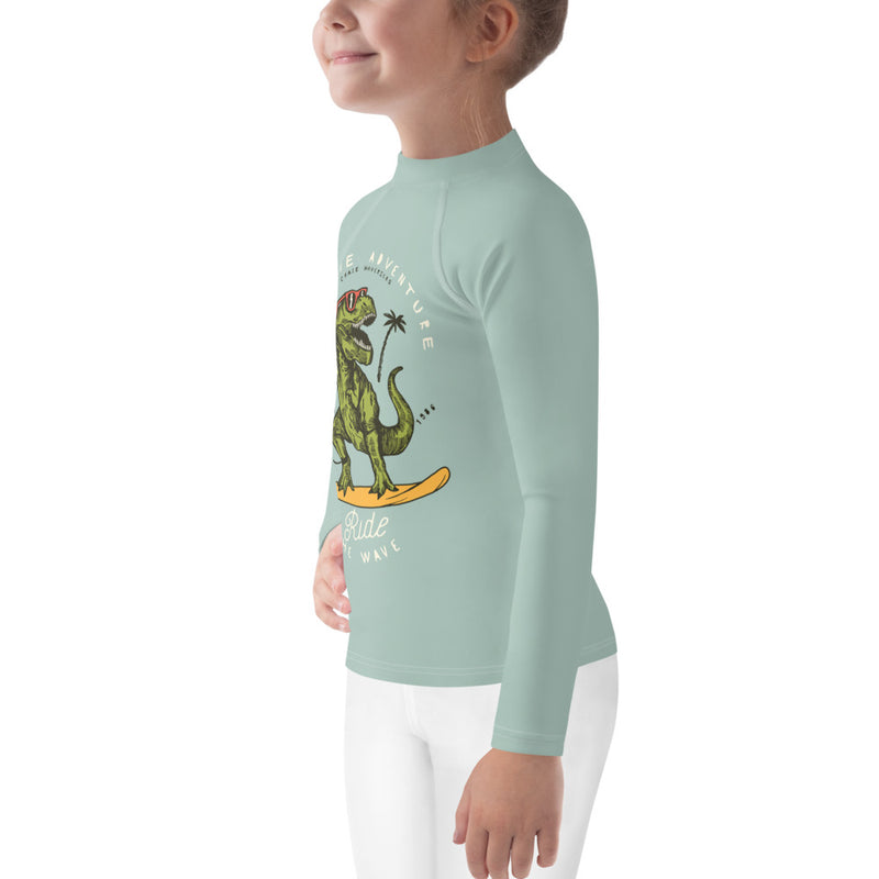 Dinosaur rash guard for children - T-rex on a surf board - Kids Rash Guard