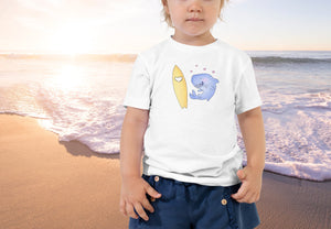 Shark bites t-shirt for kids. Surfer kid, grom clothing with shark and surf board. Perfect gift for the toddler who loves the ocean <3